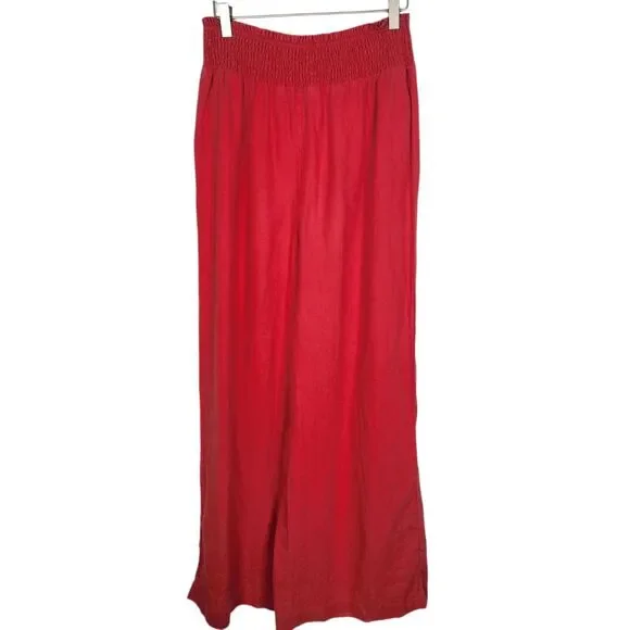 BODEN Pants Womens 6 Long 6L Red Linen Shirred Waist Trousers Wide Leg Pull On - Picture 3 of 9